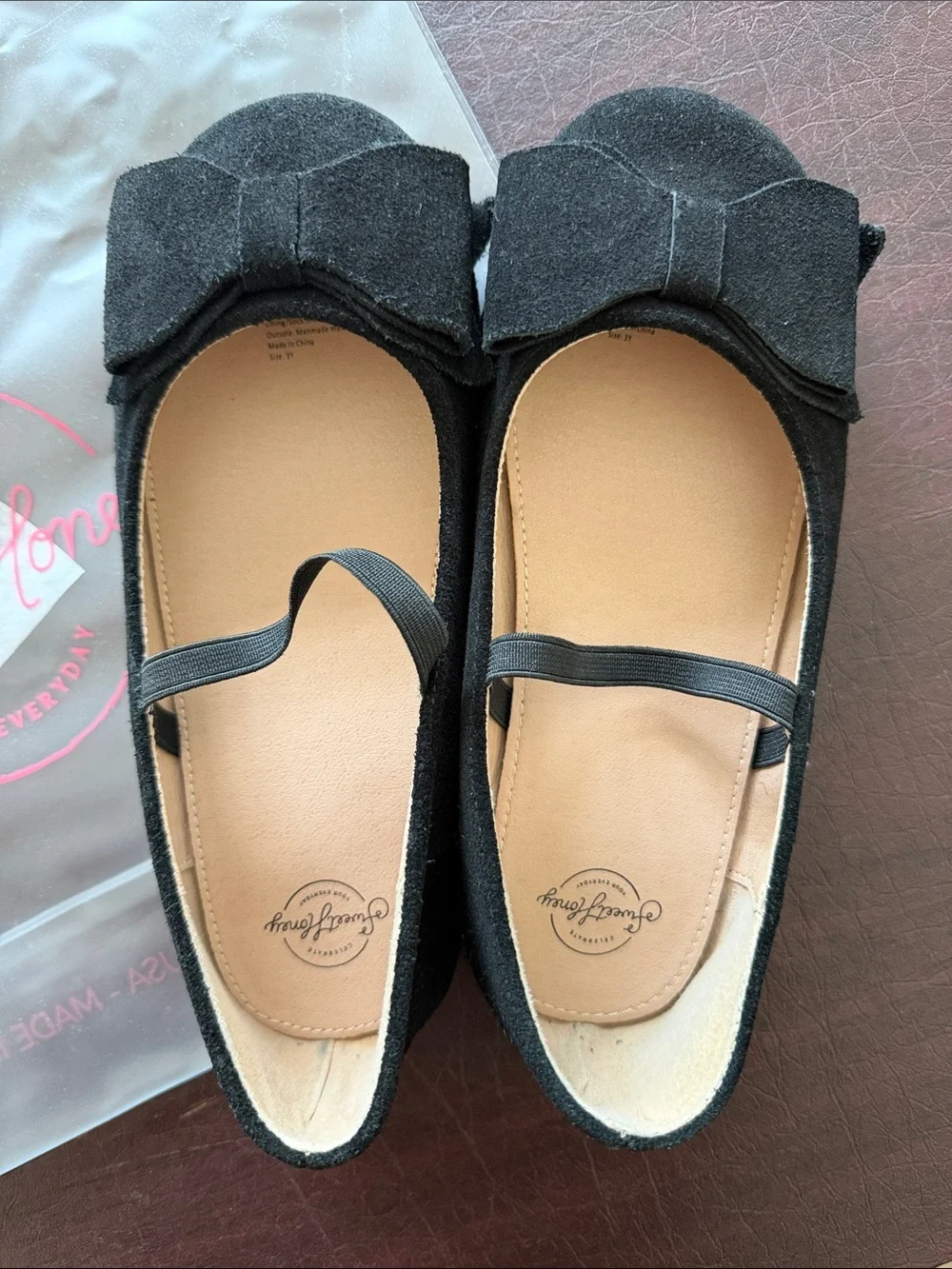 SweetHoney Black Suede Mary Jane Flats with Bow Girls Size 3Y